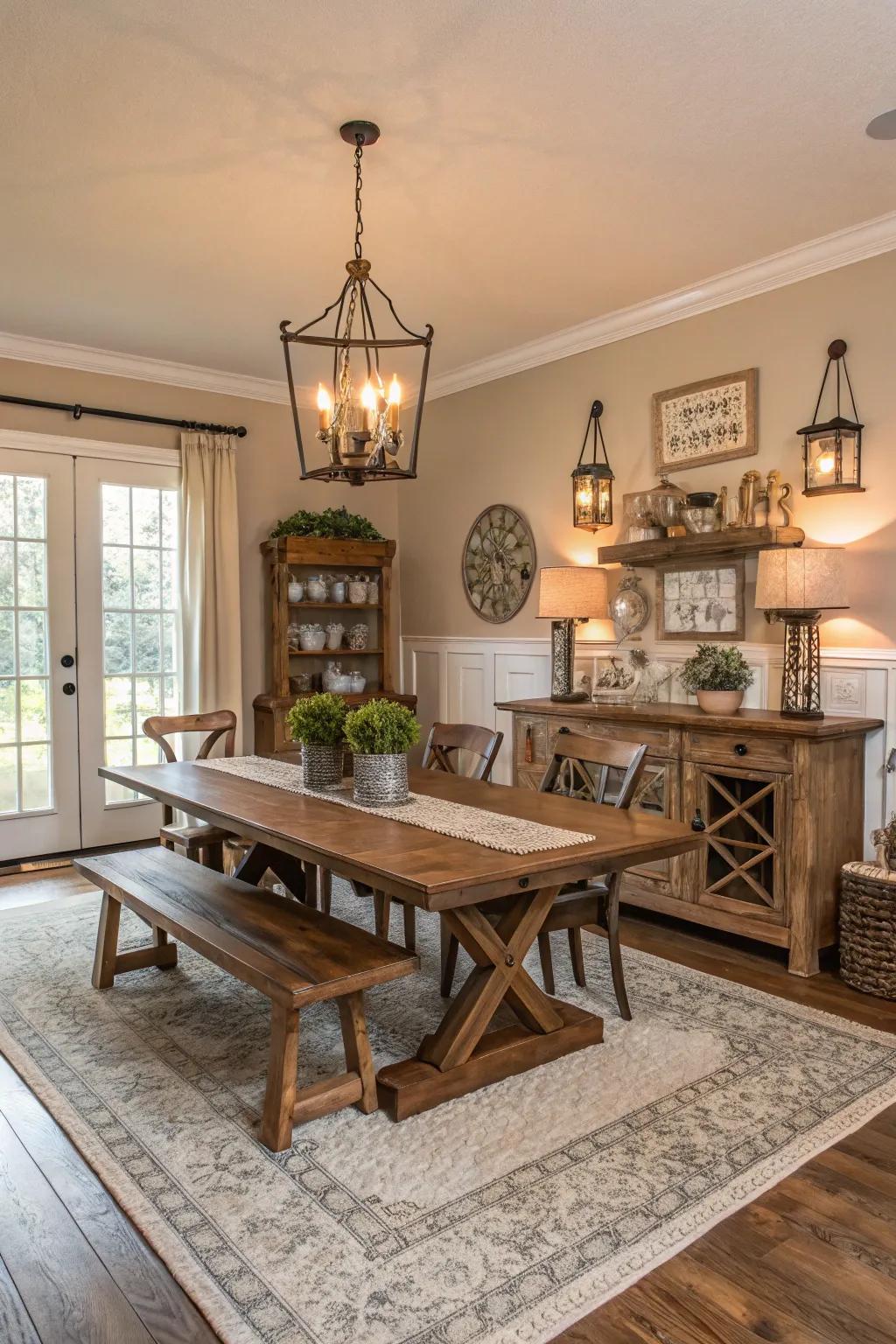 In this dining room, a neutral color scheme establishes a peaceful and welcoming atmosphere.