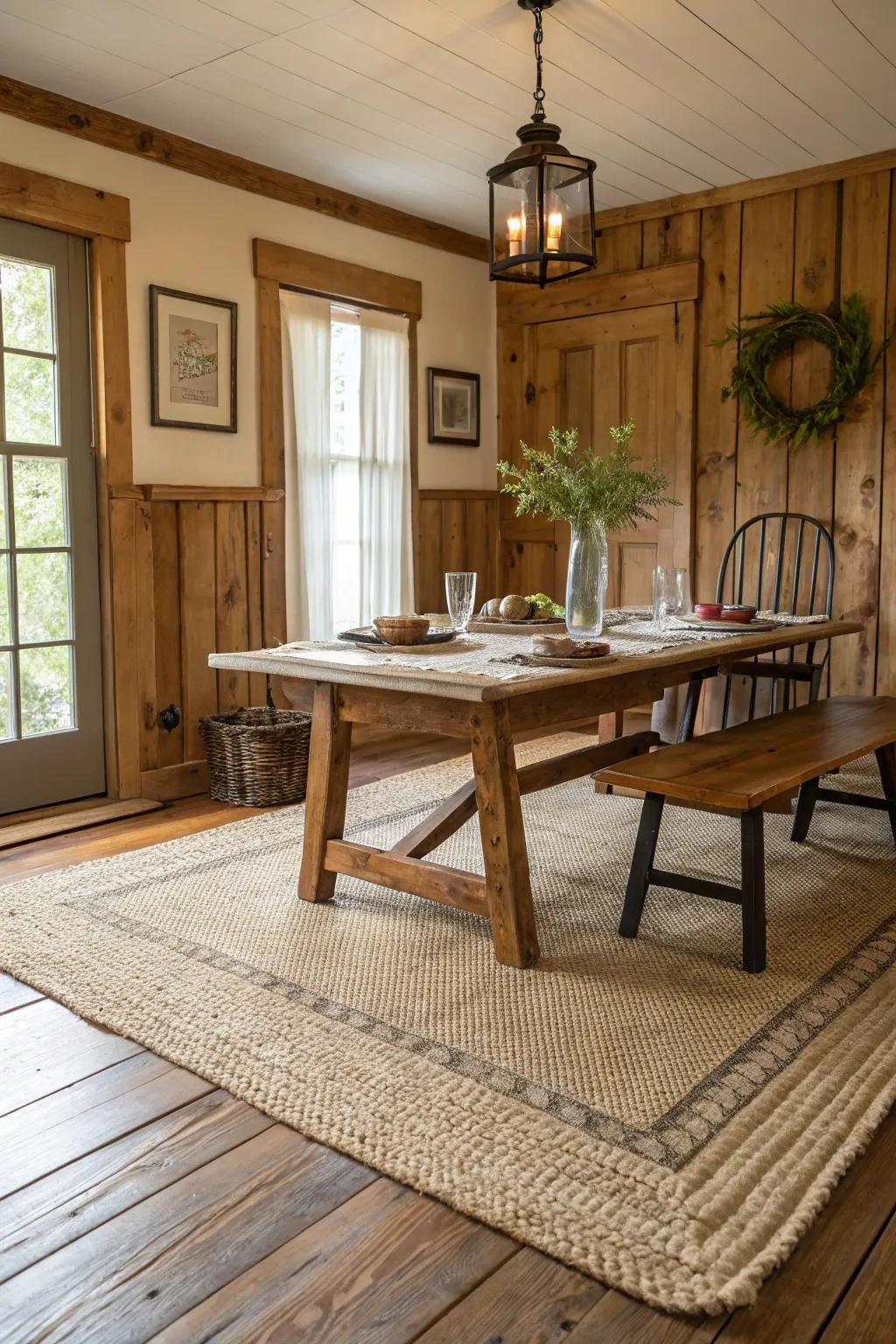 In this inviting farmhouse dining room, a natural fiber rug adds warmth and texture.