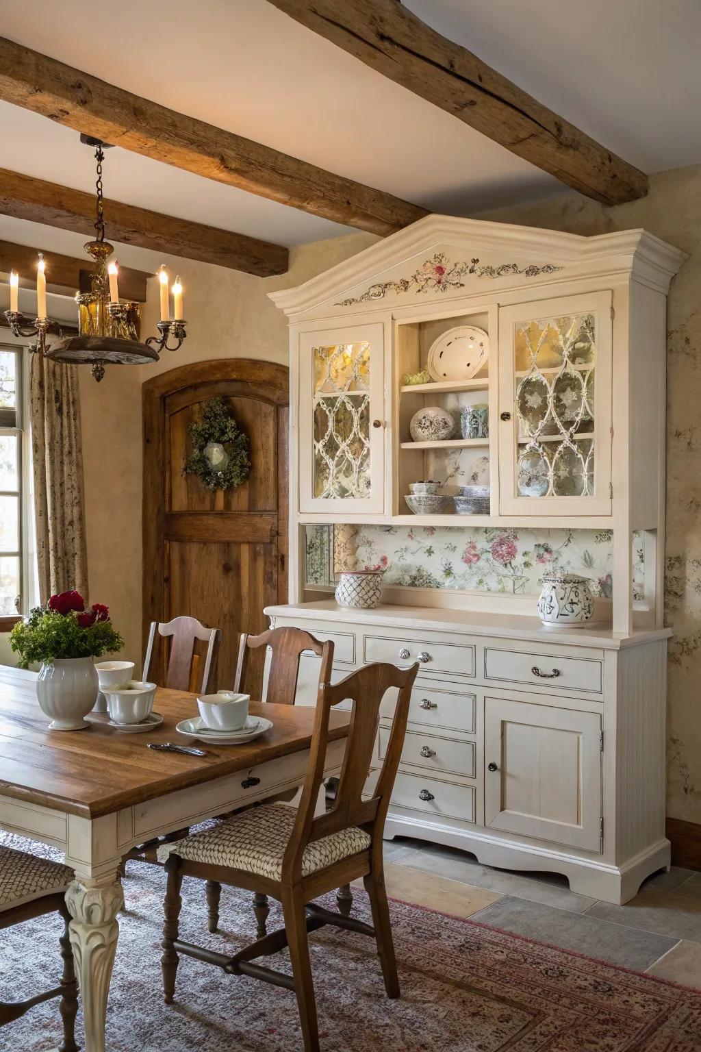 This farmhouse dining area showcases its china and gains character thanks to a charming hutch.