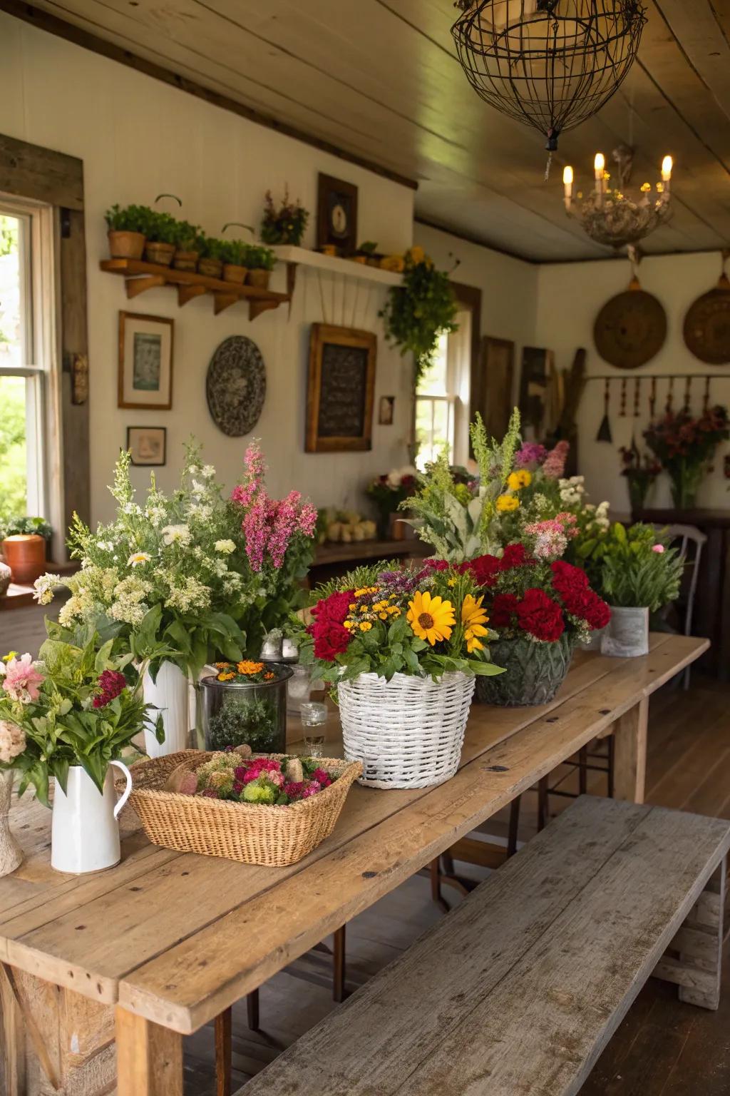 This farmhouse dining area gains life and color thanks to plants and flowers.