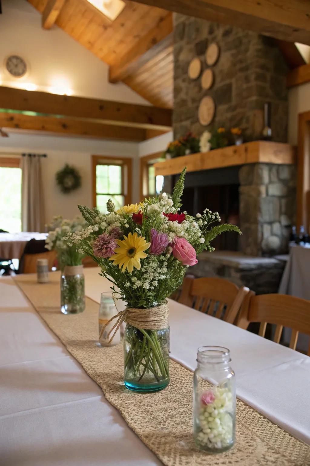 This farmhouse dining table gains a personal and natural touch thanks to rustic centerpieces.