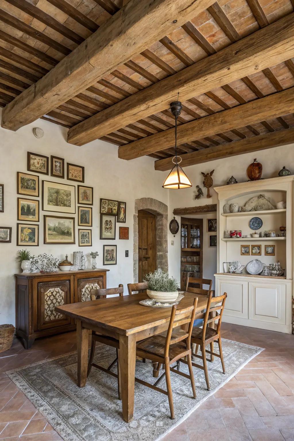 Architectural interest and rustic charm are added to this dining room via exposed beams.