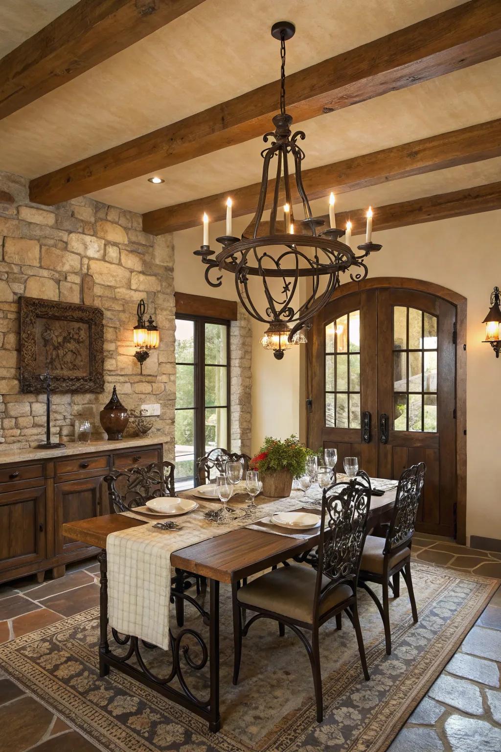 This dining room gains beauty and traditional craftsmanship via wrought iron accents.