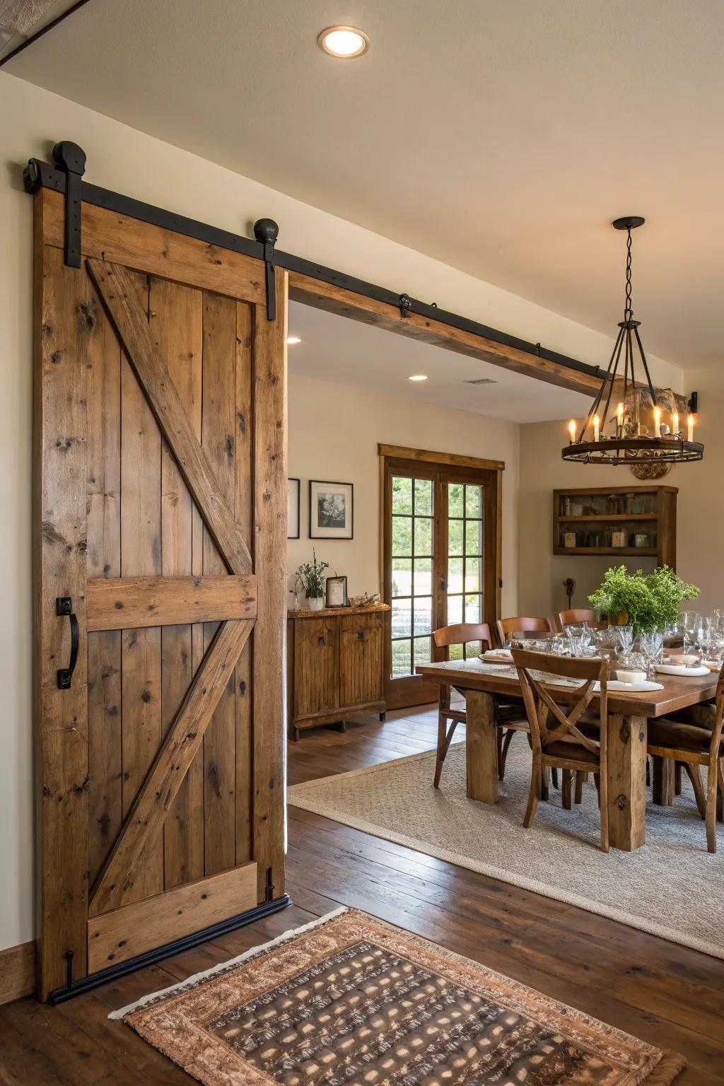 This farmhouse dining area gains character and functional style thanks to a barn door.