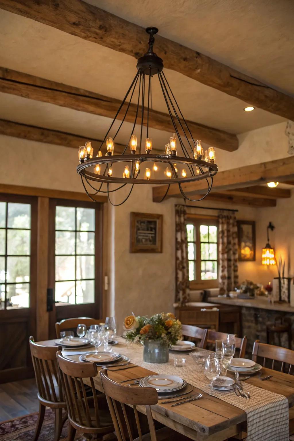 This farmhouse dining room is bathed in the warm light of a chandelier with Edison bulbs.