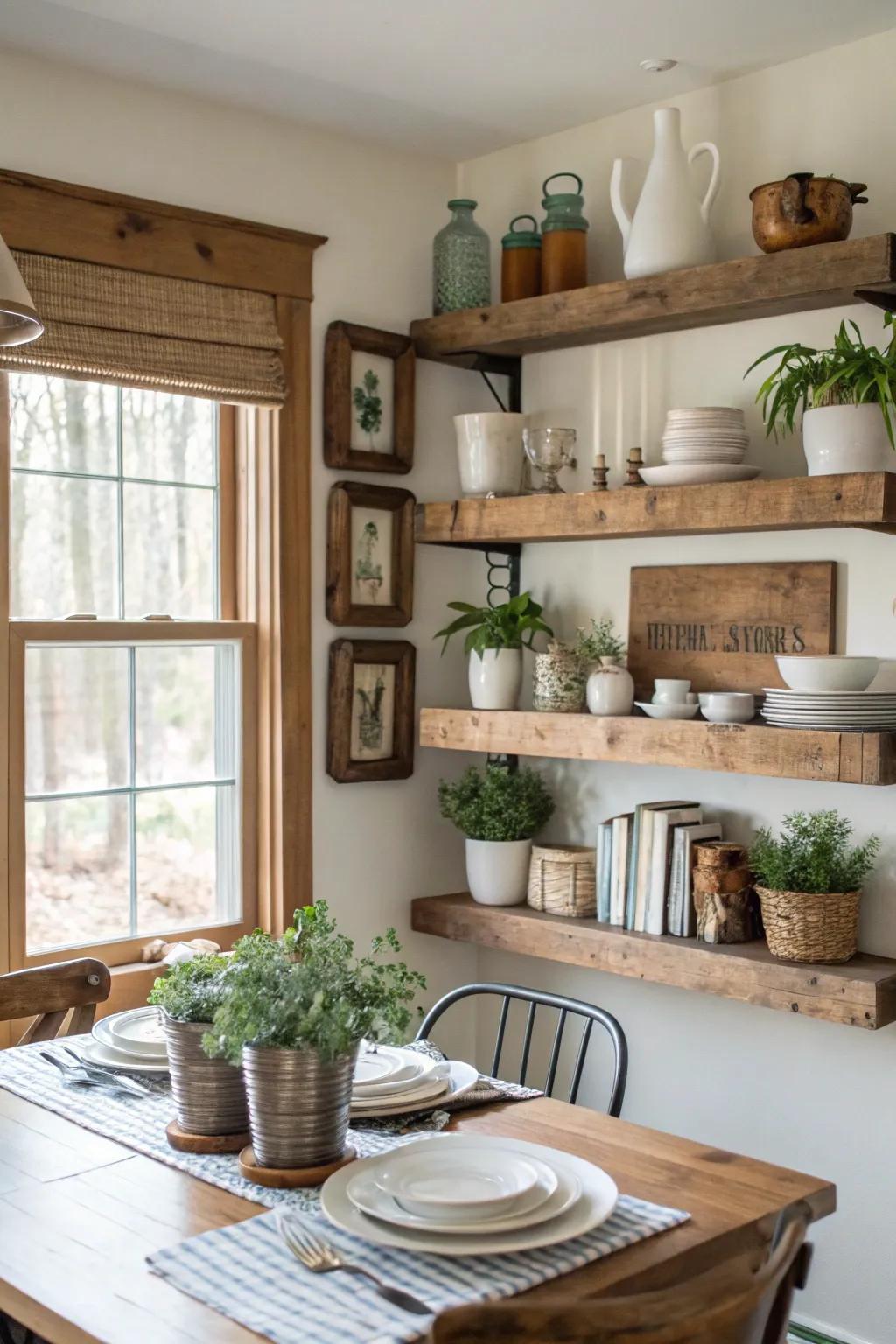 This farmhouse dining area offers both storage and style thanks to floating shelves.