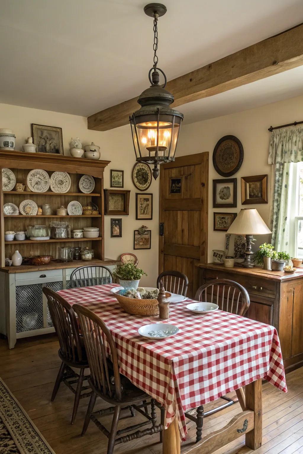 This charming farmhouse dining room gains history and character thanks to vintage decor.