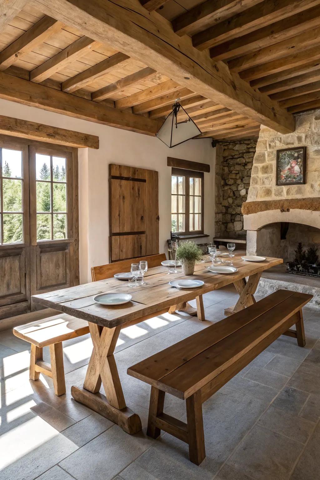 In this welcoming farmhouse dining room, a wooden bench offers communal seating.