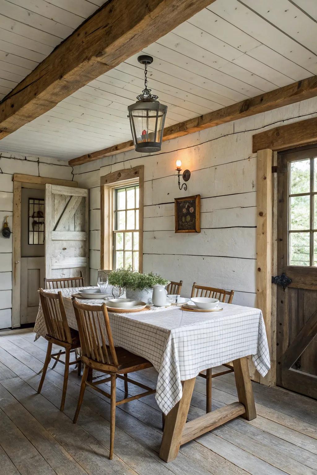 In this comfortable dining room, shiplap walls add an ageless farmhouse character.