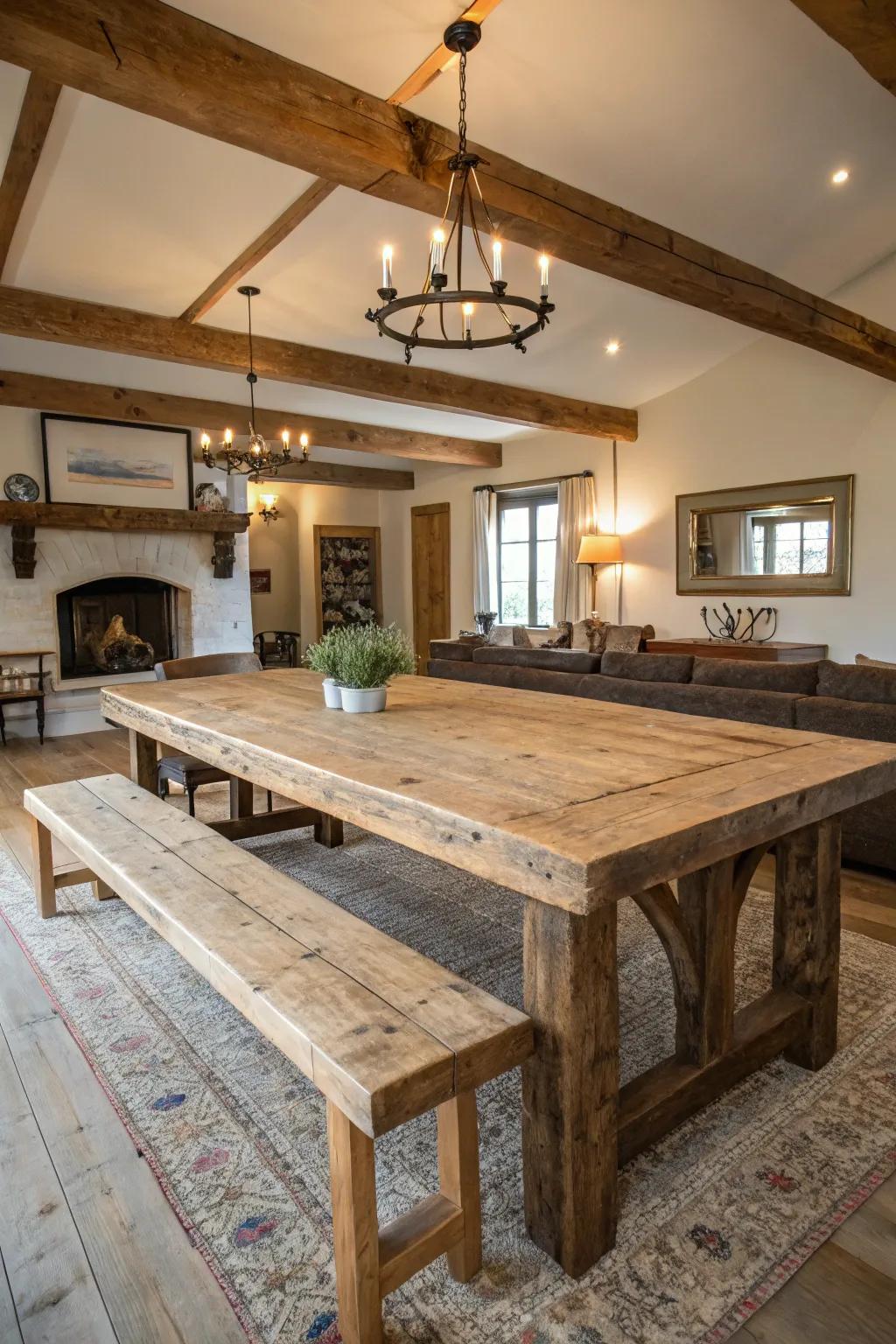 With its rustic charm, a reclaimed wood table serves as the centerpiece of this farmhouse dining room.
