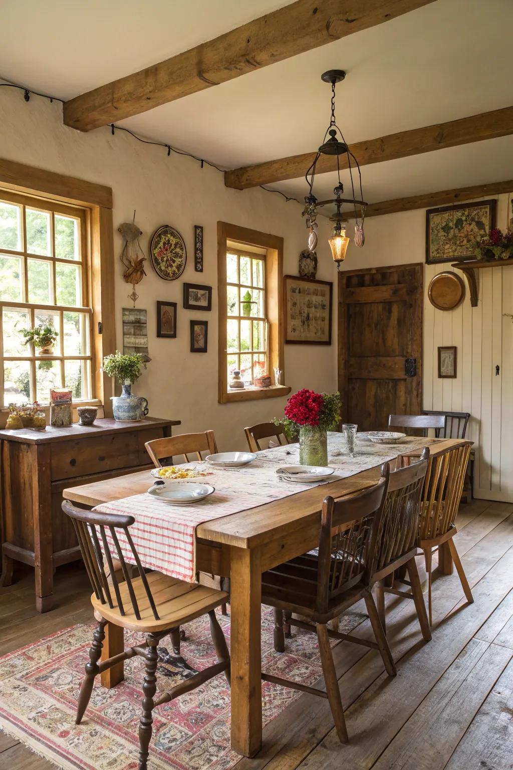 In this farmhouse dining room, an assortment of chairs adds a comfortable and diverse atmosphere.