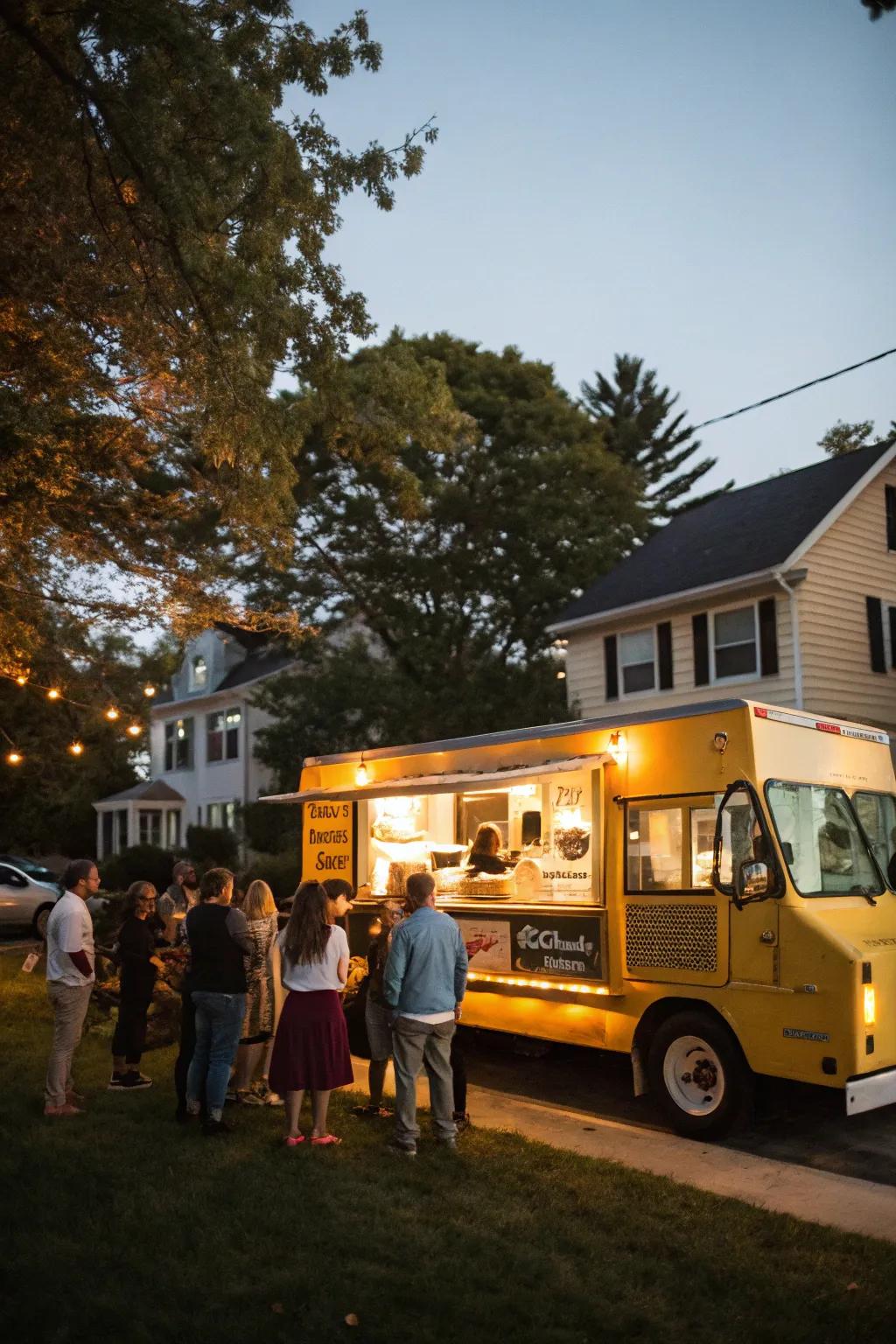 A gourmet food truck serving dishes at an outdoor party.