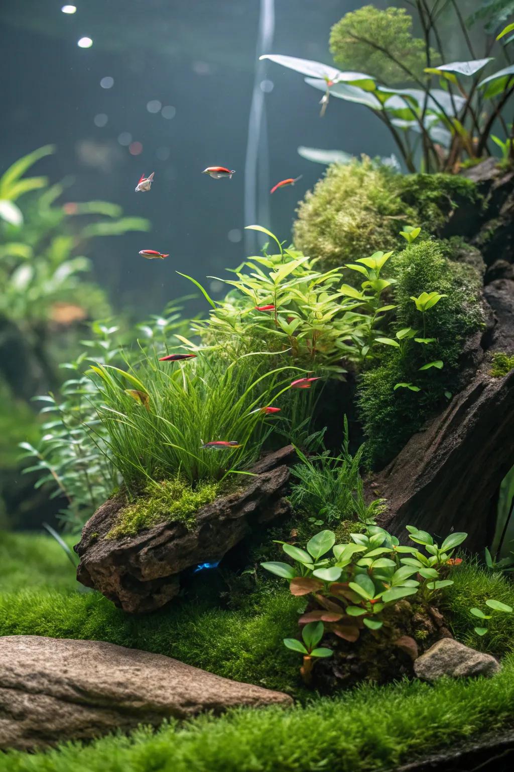 A fish tank with mesmerizing floating islands