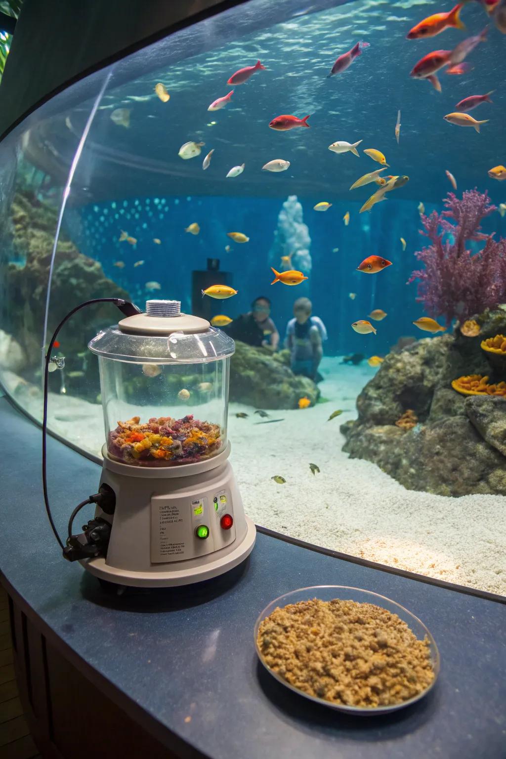 An aquarium with an interactive feeding station
