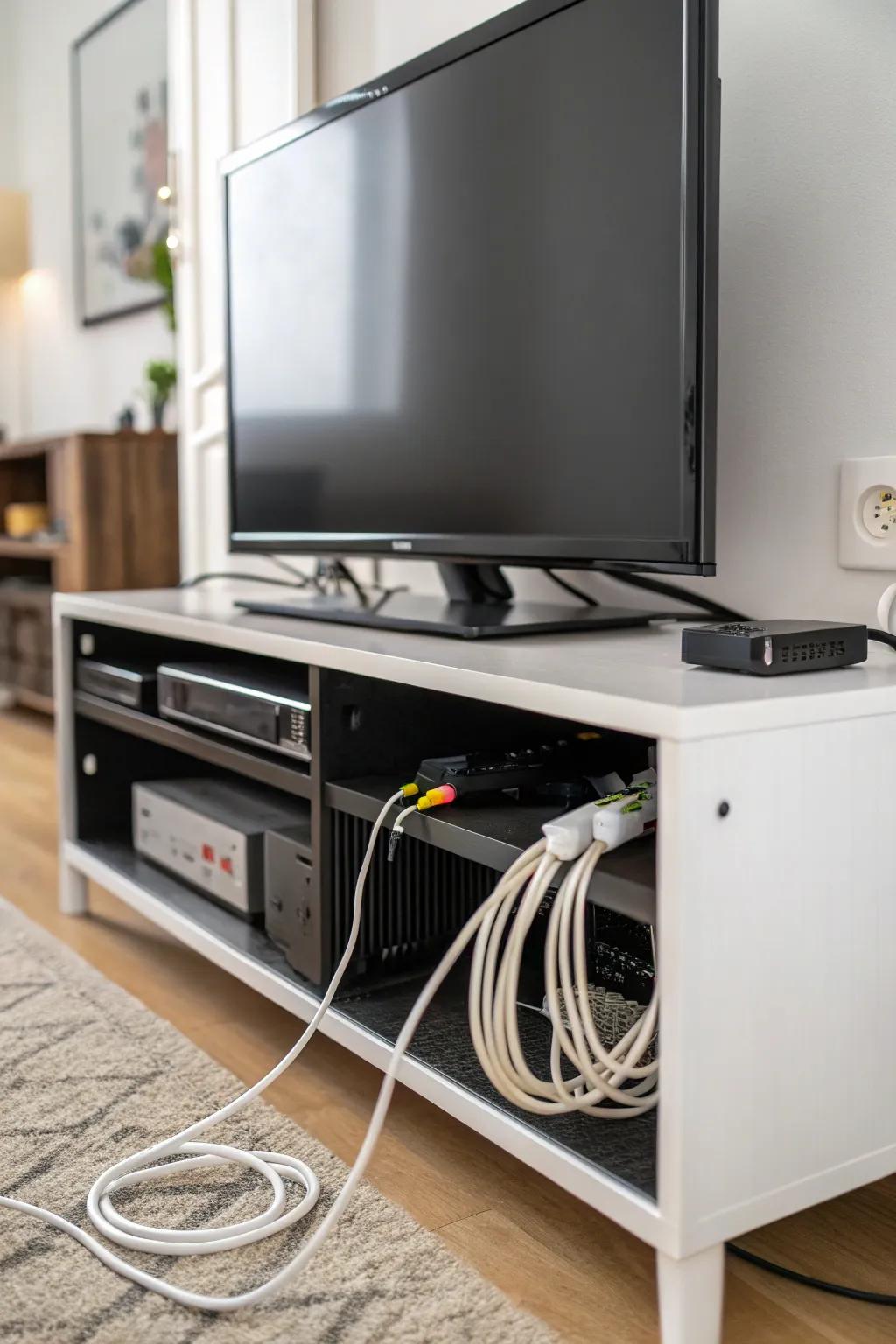 Clever cable management keeps your TV stand tidy.