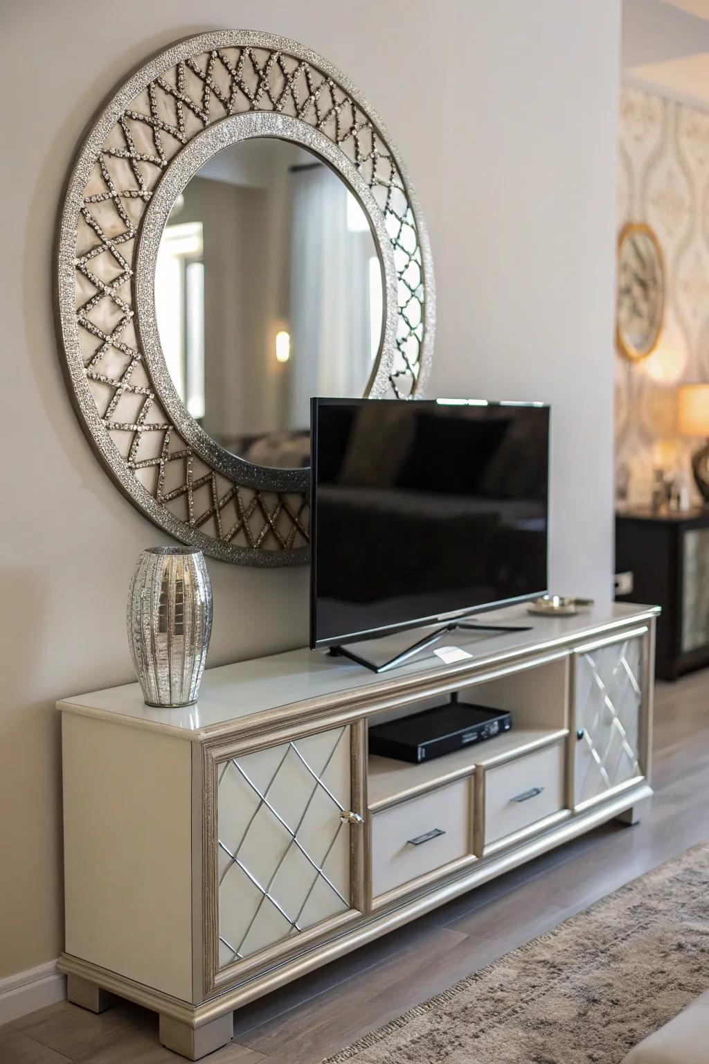 A mirror adds depth and light to your TV stand decor.