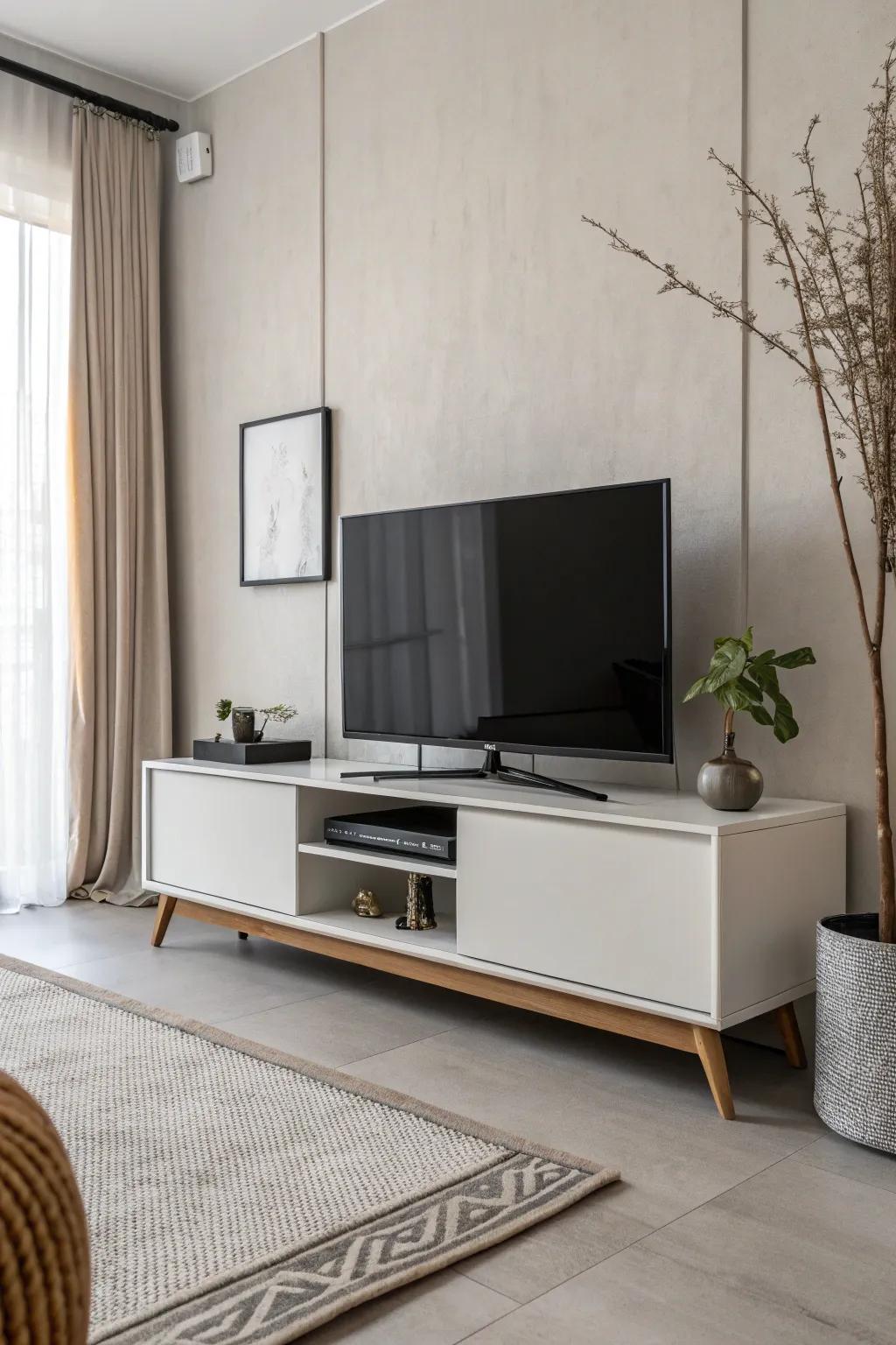 Minimalist TV stand decor with clean lines and a neutral palette.