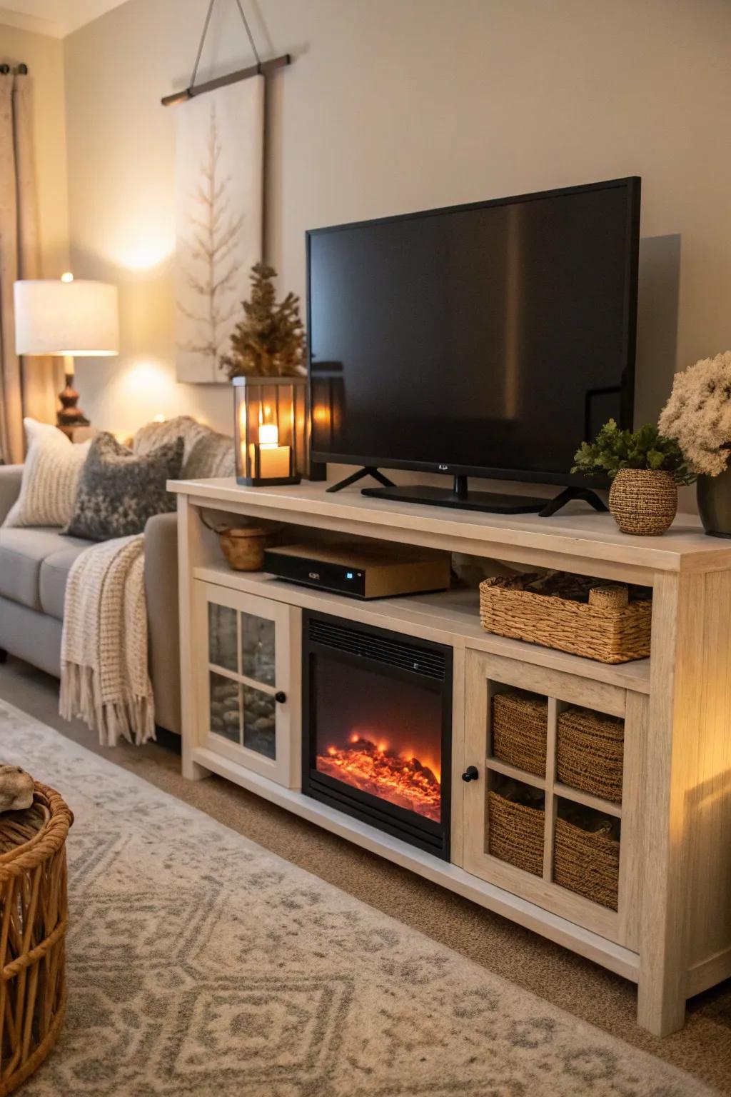 A faux fireplace adds warmth and charm to your TV stand.