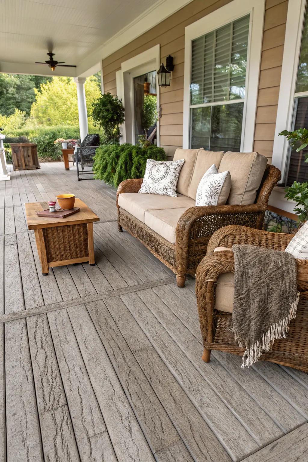Imitation lumber concrete offers rustic charm.