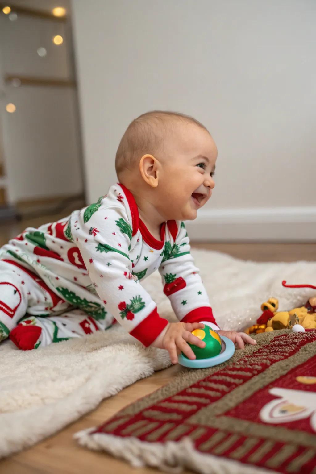 Festive pajamas add a playful touch to holiday photos.