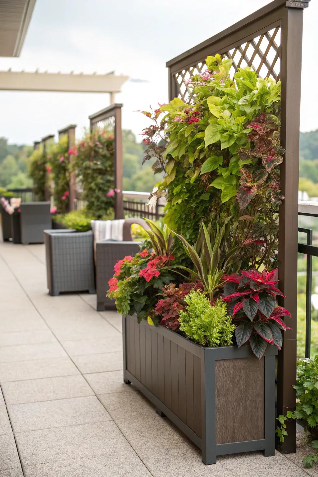 Planter boxes with features combine greenery and seclusion seamlessly.