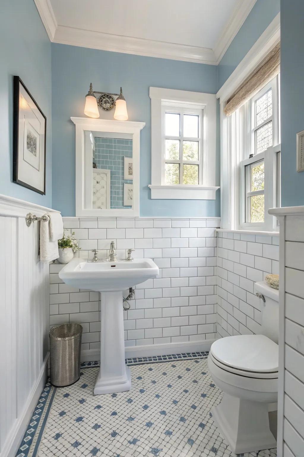 Sky blue wainscoting introduces a relaxing touch to powder rooms.