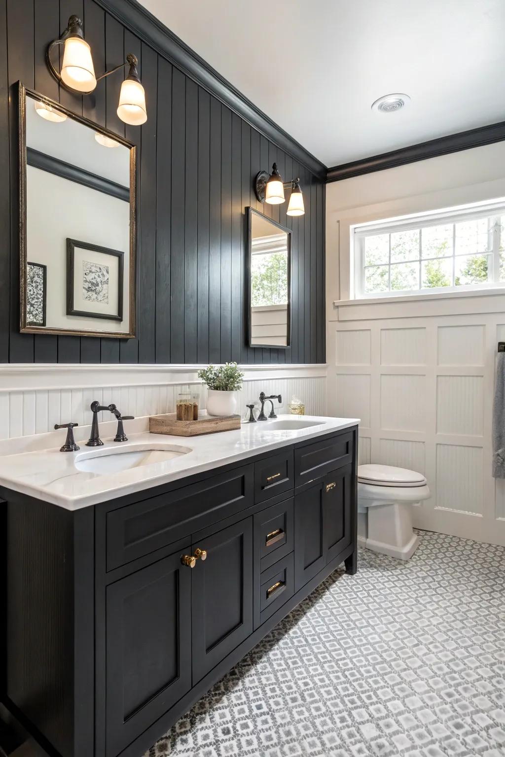 Dark wainscoting introduces a vibrant contemporary contrast.