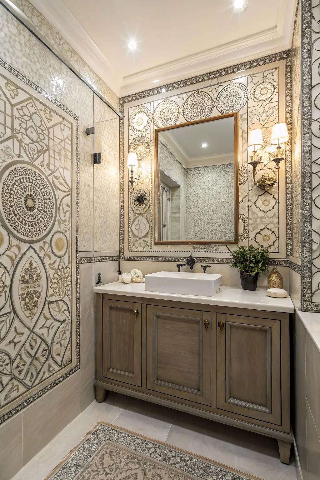 Creative tiles turn wainscoting into a creative canvas.