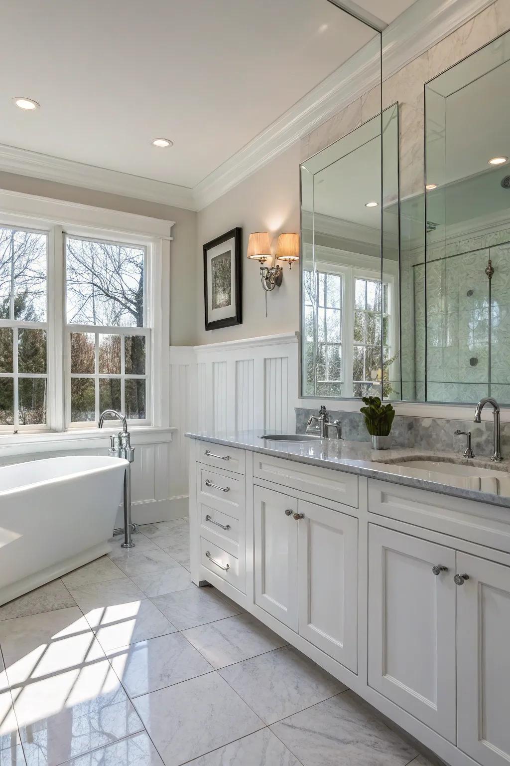 Glass features and white wainscoting develop a sleek, modern bathroom.