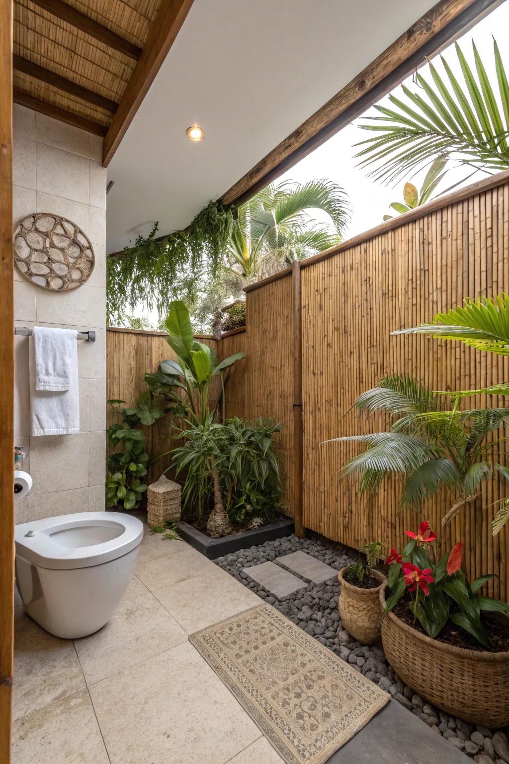 Cane wainscoting develops a tropical getaway inside your bathroom.