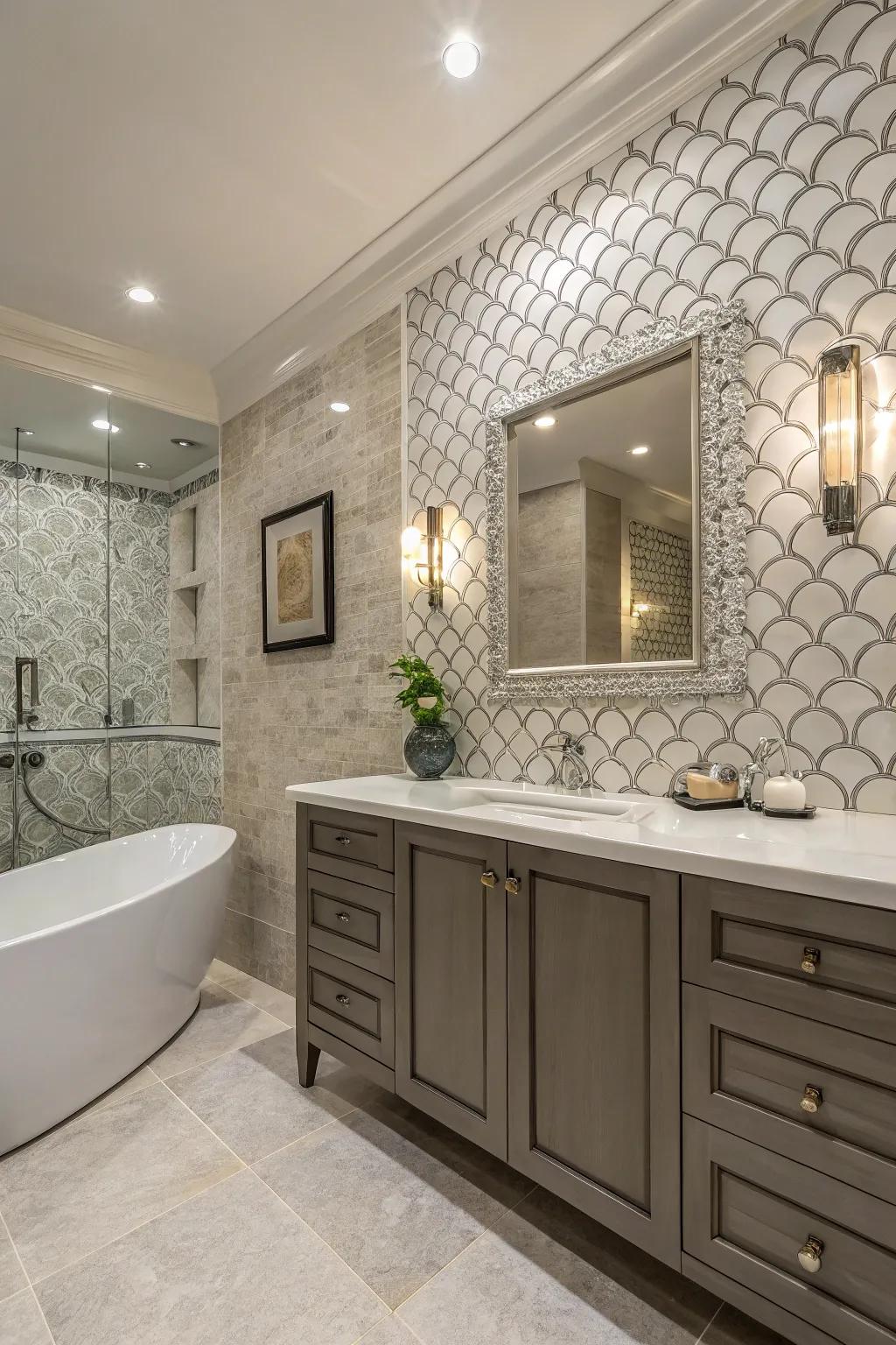 Patterned tiles give a luxurious sensation to bathroom wainscoting.