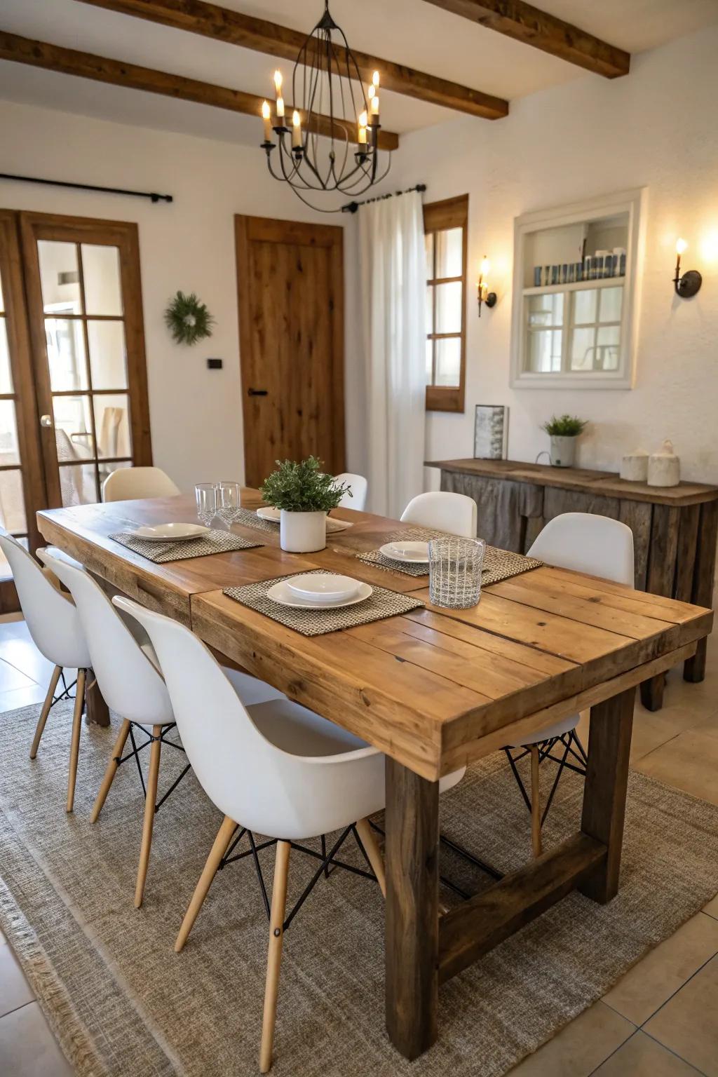 Contemporary furniture harmonizes with country components in this farmhouse dining zone.