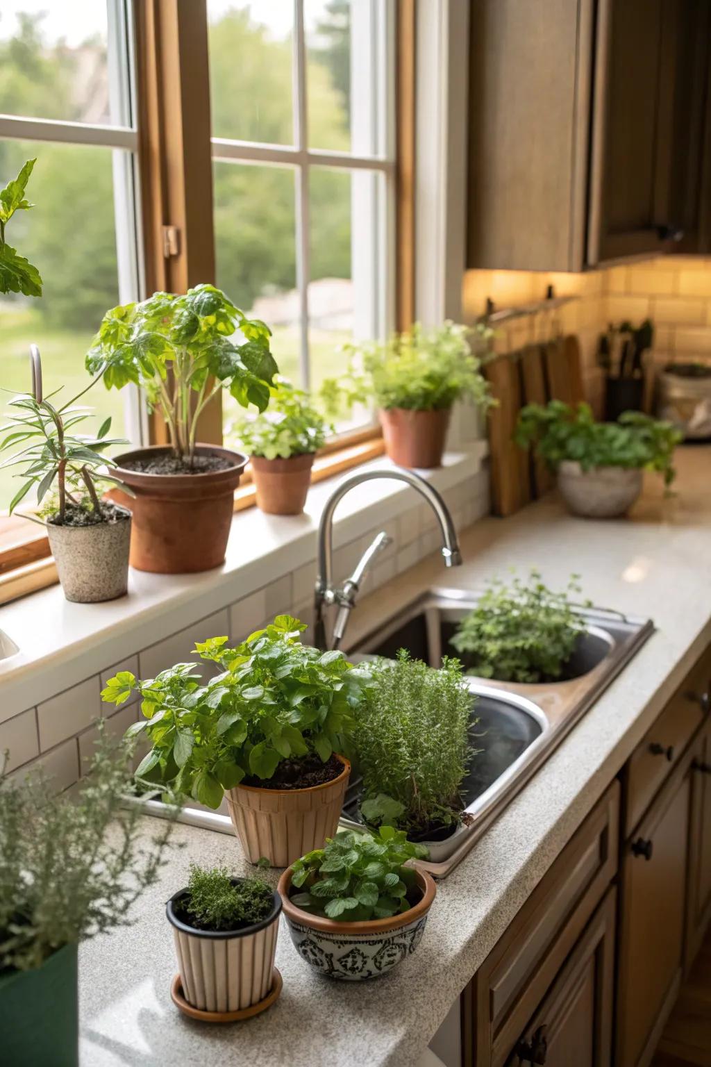 Foliage brings freshness and vitality to this modern farmhouse kitchen.
