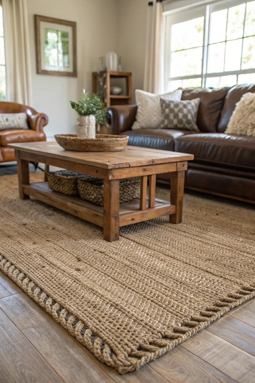 A textured rug appends warmth and design to this inviting farmhouse interior.