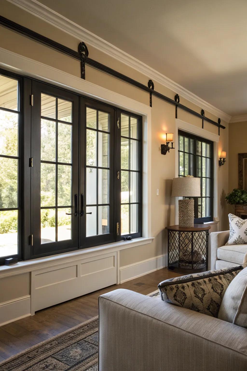 Black accents furnish striking contrast in this modern farmhouse interior.