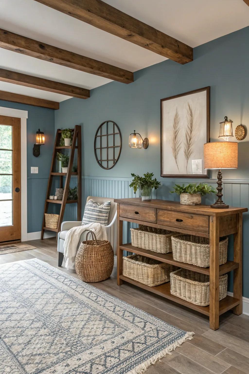 Surprising hues like dusty blue bring a refreshing twist to this farmhouse interior.