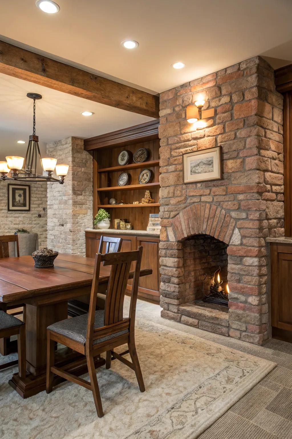 Stone and brick details impart country charm to this modern farmhouse interior.