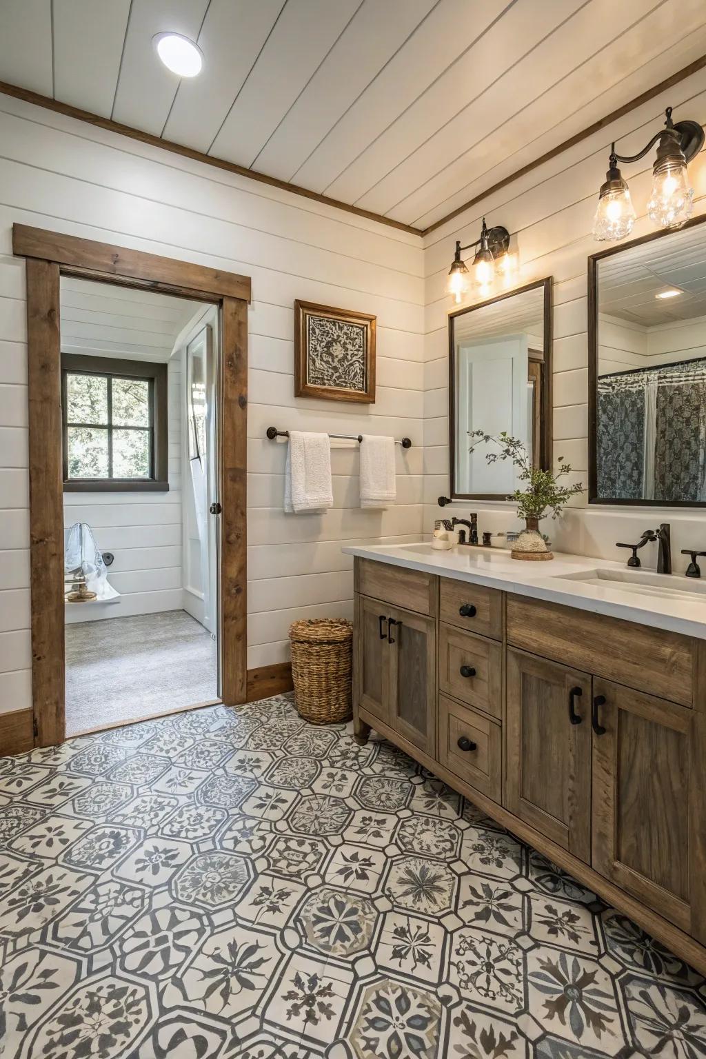 Patterned tiles append visual intrigue and charm to this modern farmhouse bathroom.