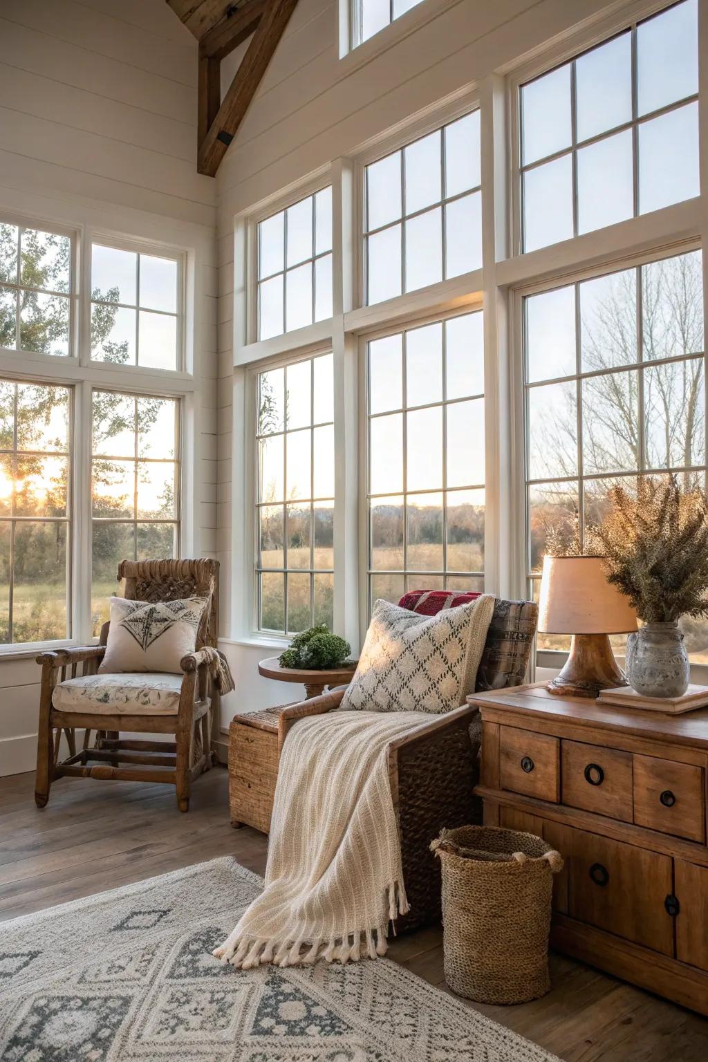 Sunlight streams into this modern farmhouse space, forging an inviting atmosphere.