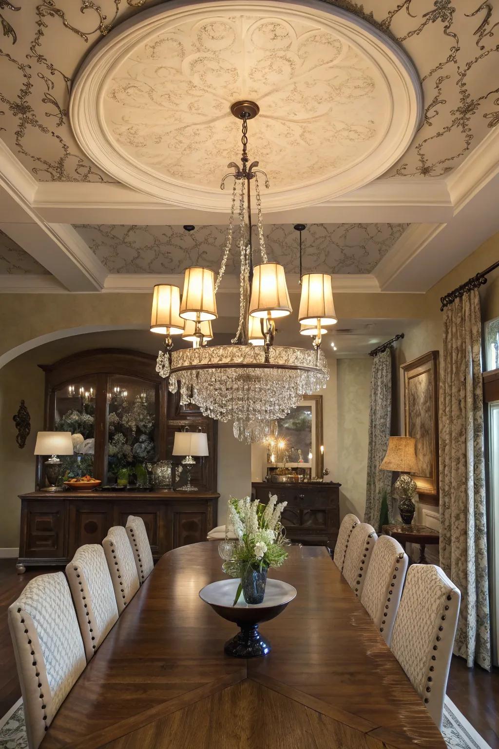 Ornamental illumination elevates the sophistication of this modern farmhouse environment.