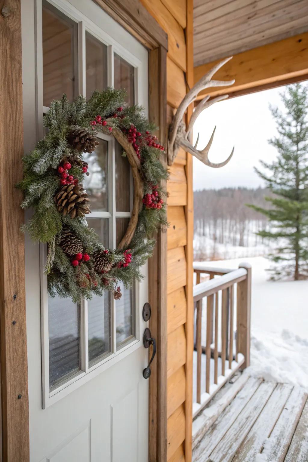 This nature-inspired wreath is given a whimsical touch with fake antlers.