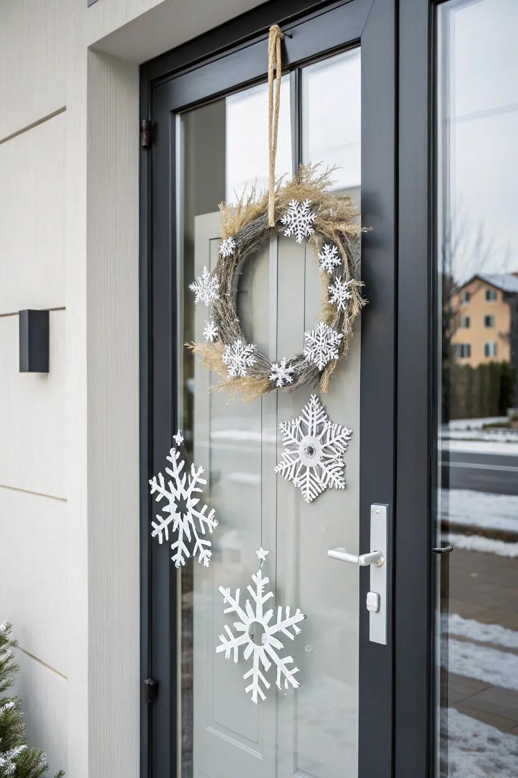 A sleek snowflake wreath gives winter decor a modern touch.
