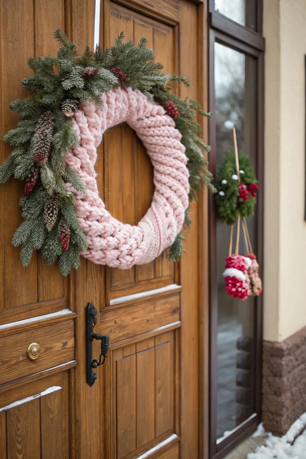 Any entrance is made more inviting and friendly by a knitted yarn wreath.