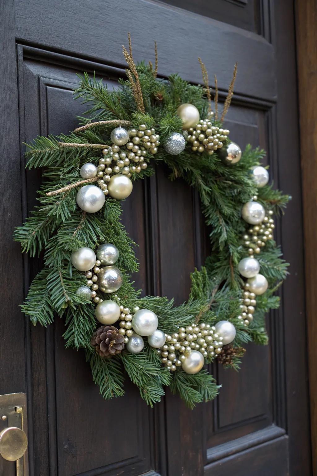 This wreath is elegant and sparkling because to the pine branches and pearls.