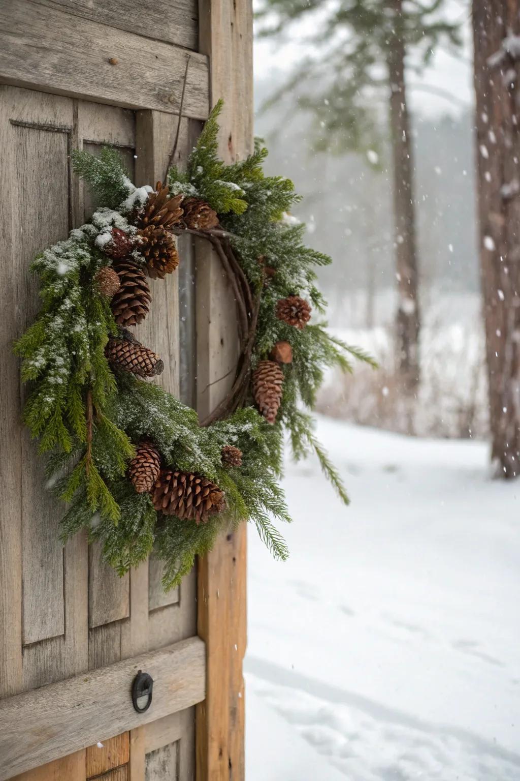 Welcome nature to your entryway with this evergreen and pinecone wreath.