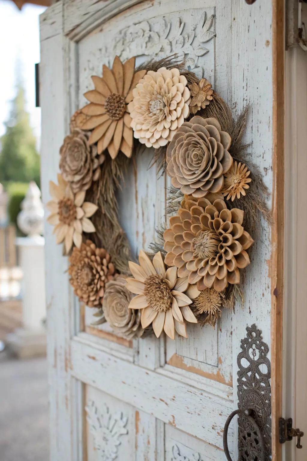 Wreaths made of wood flowers are a lovely and environmentally responsible option.