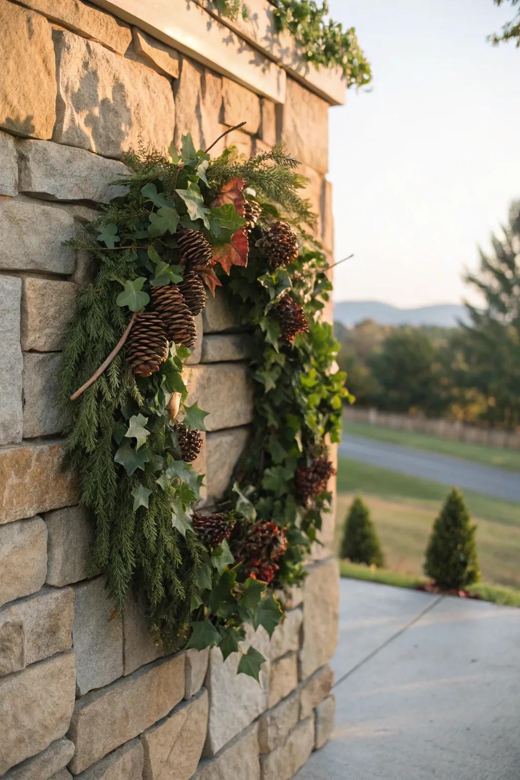 A rustic yet refined wreath is made with grapevine and pinecones.