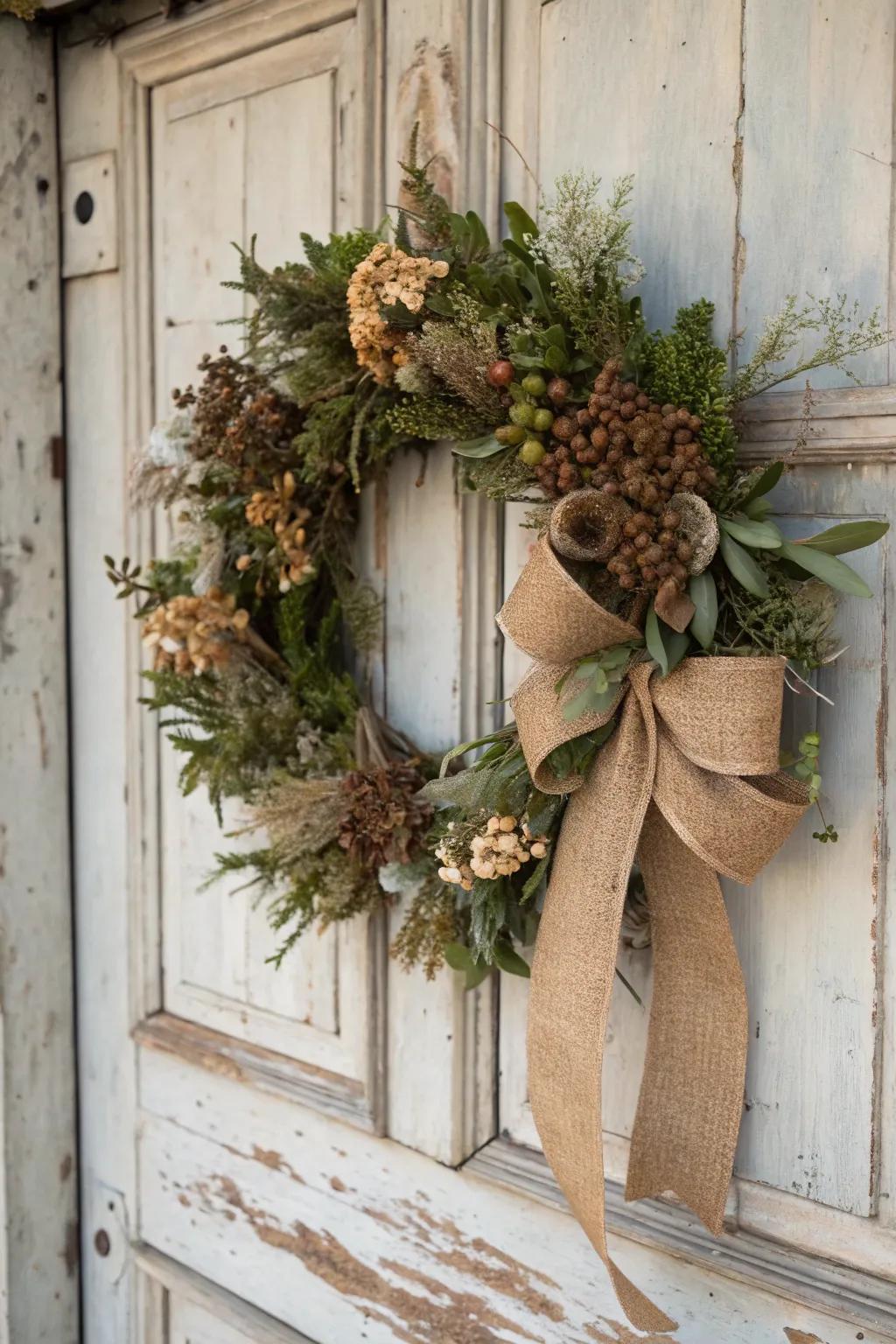 This charming wreath gains a vintage touch from burlap.