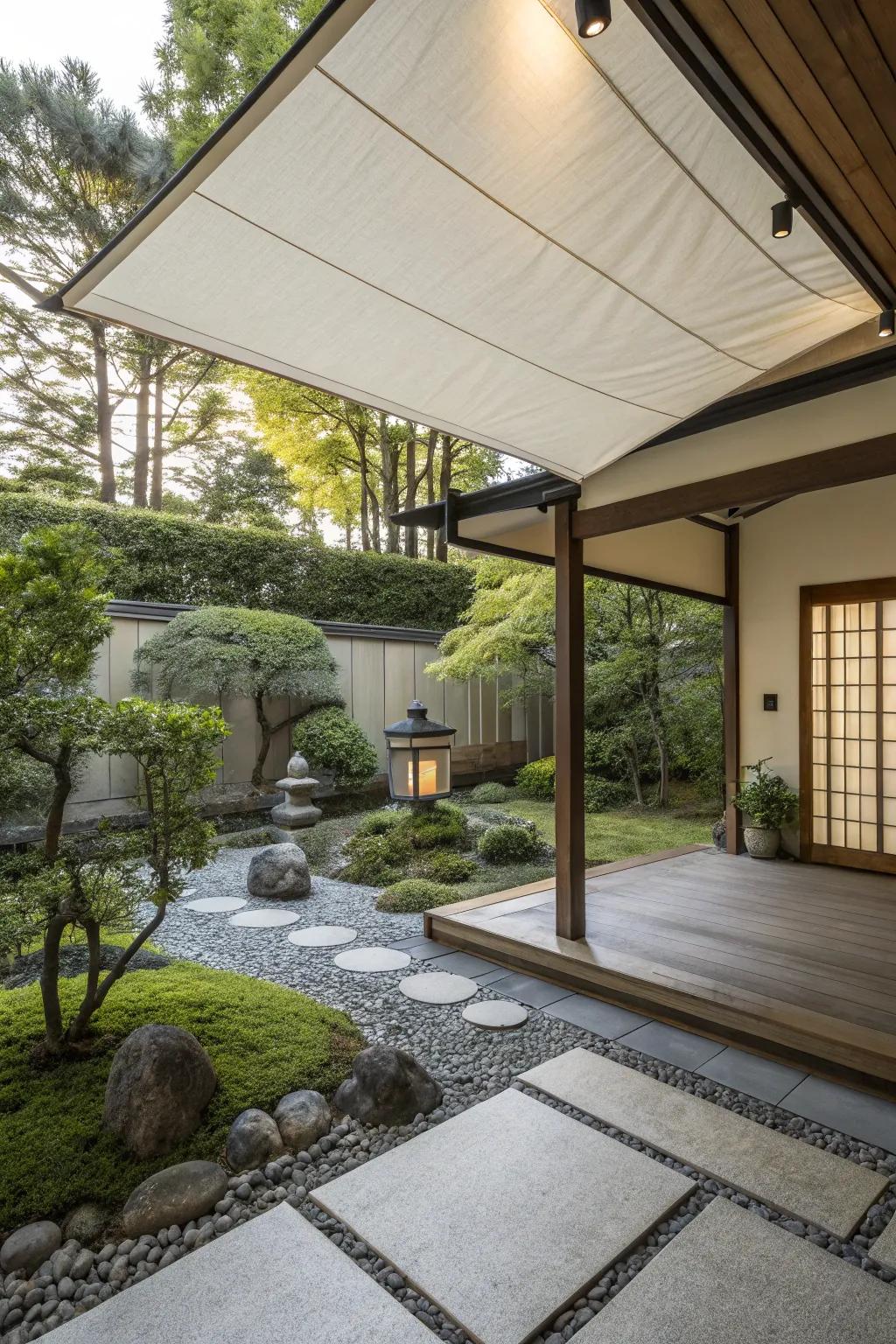 Embrace serenity using a Japanese-style shade cloth covering.