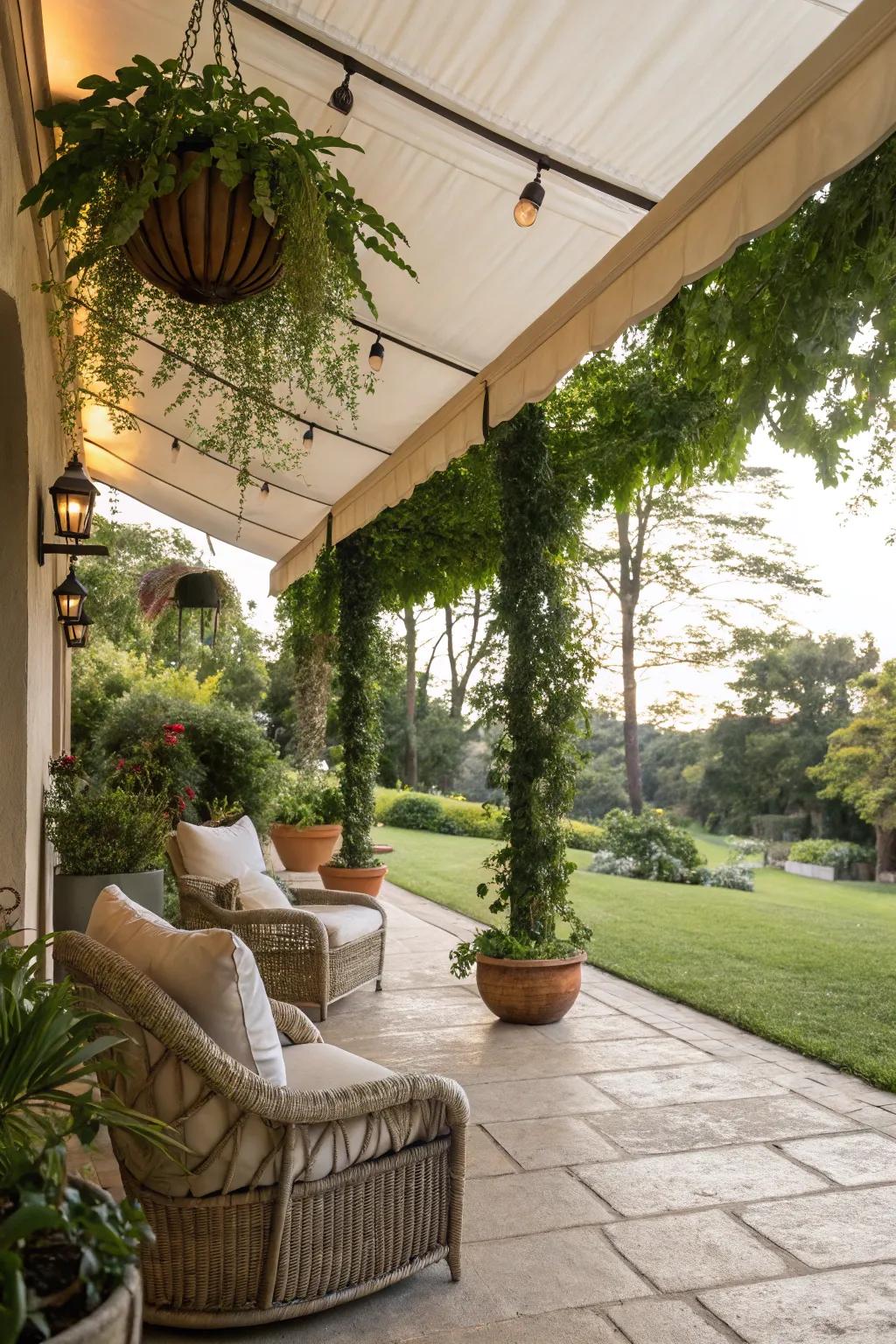 Construct a garden oasis using a covering and suspended plants.
